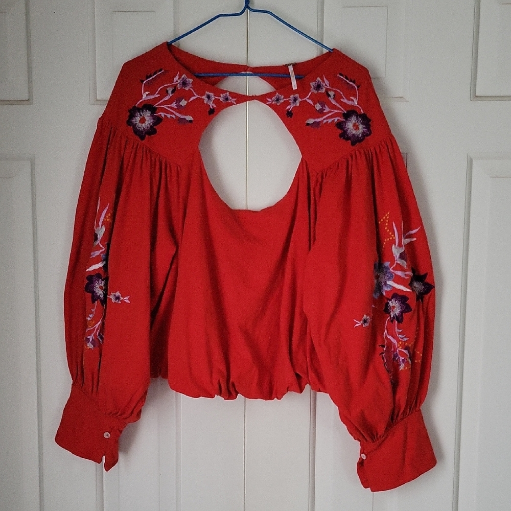 Free People Womens Red Lita Cropped Balloon Sleeve Embroidered Top Sz S
